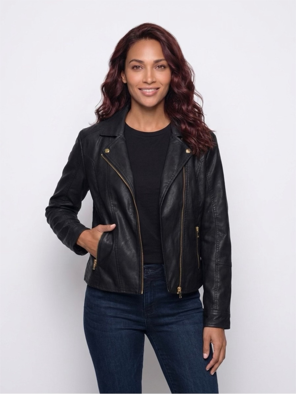 Baccini Black Faux Leather Asymmetrical Zip Moto Jacket B Size XL